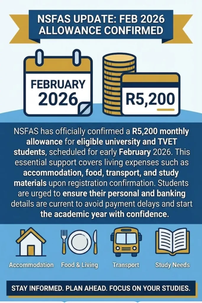 NSFAS Confirms R5200 Allowance Payment Dates Announced For University and TVET Students and February Funding Confirmed